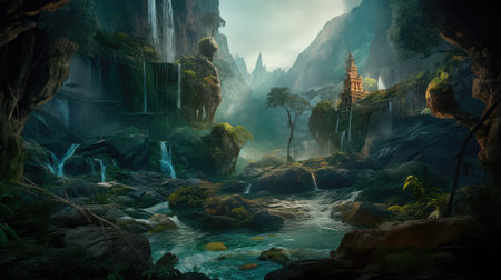 Concept illustration of a fantastic scene with wild waterfalls in a dense jungle. A mysterious world where the atmosphere of adventure and wild nature reigns. Generative AIの素材