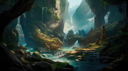 Concept illustration of a fantastic scene with wild waterfalls in a dense jungle. A mysterious world where the atmosphere of adventure and wild nature reigns. Generative AIの素材