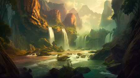Concept illustration of a fantastic scene with wild waterfalls in a dense jungle. A mysterious world where the atmosphere of adventure and wild nature reigns. Generative AIの素材