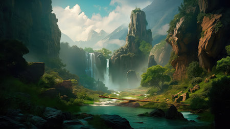 Concept illustration of a fantastic scene with wild waterfalls in a dense jungle. A mysterious world where the atmosphere of adventure and wild nature reigns. Generative AIの素材