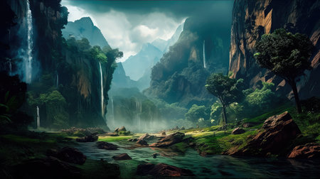 Concept illustration of a fantastic scene with wild waterfalls in a dense jungle. A mysterious world where the atmosphere of adventure and wild nature reigns. Generative AIの素材