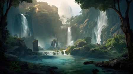 Concept illustration of a fantastic scene with wild waterfalls in a dense jungle. A mysterious world where the atmosphere of adventure and wild nature reigns. Generative AIの素材