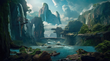 Concept illustration of a fantastic scene with wild waterfalls in a dense jungle. A mysterious world where the atmosphere of adventure and wild nature reigns. Generative AIの素材