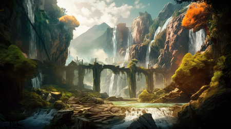 Concept illustration of a fantastic scene with wild waterfalls in a dense jungle. A mysterious world where the atmosphere of adventure and wild nature reigns. Generative AIの素材