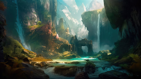 Concept illustration of a fantastic scene with wild waterfalls in a dense jungle. A mysterious world where the atmosphere of adventure and wild nature reigns. Generative AIの素材