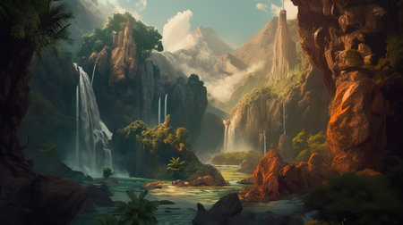 Concept illustration of a fantastic scene with wild waterfalls in a dense jungle. A mysterious world where the atmosphere of adventure and wild nature reigns. Generative AIの素材
