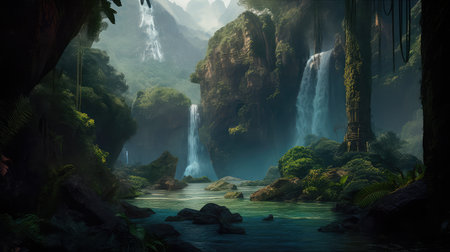 Concept illustration of a fantastic scene with wild waterfalls in a dense jungle. A mysterious world where the atmosphere of adventure and wild nature reigns. Generative AIの素材