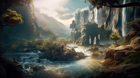 Concept illustration of a fantastic scene with wild waterfalls in a dense jungle. A mysterious world where the atmosphere of adventure and wild nature reigns. Generative AIの素材