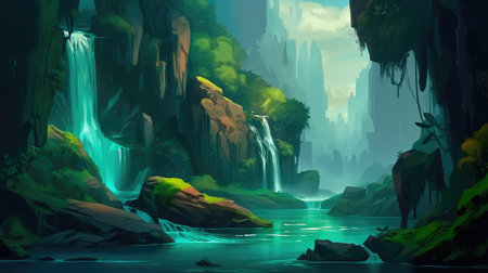 Concept illustration of a fantastic scene with wild waterfalls in a dense jungle. A mysterious world where the atmosphere of adventure and wild nature reigns. Generative AIの素材