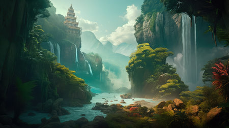 Concept illustration of a fantastic scene with wild waterfalls in a dense jungle. A mysterious world where the atmosphere of adventure and wild nature reigns. Generative AIの素材