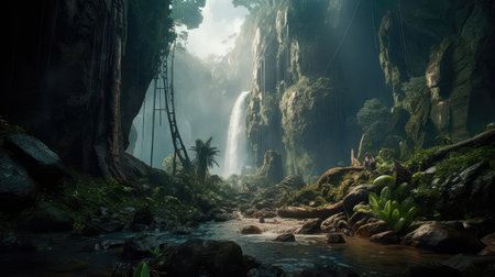 Concept illustration of a fantastic scene with wild waterfalls in a dense jungle. A mysterious world where the atmosphere of adventure and wild nature reigns. Generative AIの素材