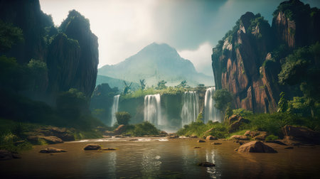 Concept illustration of a fantastic scene with wild waterfalls in a dense jungle. A mysterious world where the atmosphere of adventure and wild nature reigns. Generative AIの素材