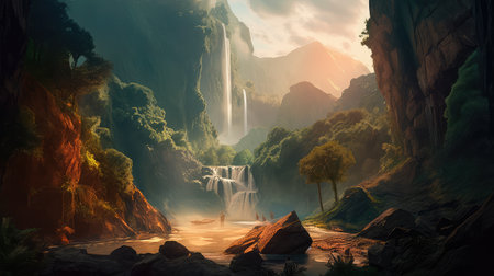 Concept illustration of a fantastic scene with wild waterfalls in a dense jungle. A mysterious world where the atmosphere of adventure and wild nature reigns. Generative AIの素材