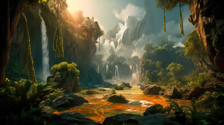 Concept illustration of a fantastic scene with wild waterfalls in a dense jungle. A mysterious world where the atmosphere of adventure and wild nature reigns. Generative AIの素材