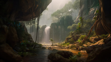 Concept illustration of a fantastic scene with wild waterfalls in a dense jungle. A mysterious world where the atmosphere of adventure and wild nature reigns. Generative AIの素材