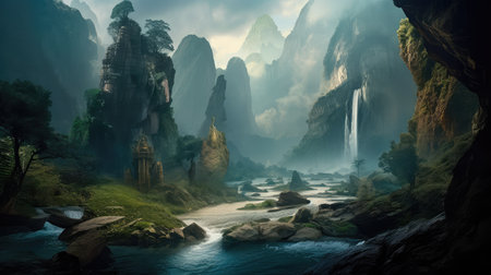 Concept illustration of a fantastic scene with wild waterfalls in a dense jungle. A mysterious world where the atmosphere of adventure and wild nature reigns. Generative AIの素材