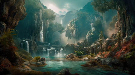 Concept illustration of a fantastic scene with wild waterfalls in a dense jungle. A mysterious world where the atmosphere of adventure and wild nature reigns. Generative AIの素材