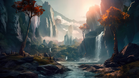 Concept illustration of a fantastic scene with wild waterfalls in a dense jungle. A mysterious world where the atmosphere of adventure and wild nature reigns. Generative AIの素材