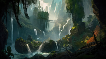 Concept illustration of a fantastic scene with wild waterfalls in a dense jungle. A mysterious world where the atmosphere of adventure and wild nature reigns. Generative AIの素材