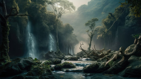 Concept illustration of a fantastic scene with wild waterfalls in a dense jungle. A mysterious world where the atmosphere of adventure and wild nature reigns. Generative AIの素材