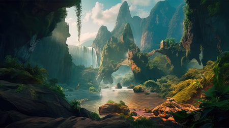 Concept illustration of a fantastic scene with wild waterfalls in a dense jungle. A mysterious world where the atmosphere of adventure and wild nature reigns. Generative AIの素材