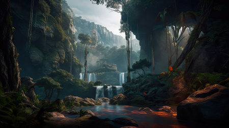 Concept illustration of a fantastic scene with wild waterfalls in a dense jungle. A mysterious world where the atmosphere of adventure and wild nature reigns. Generative AIの素材