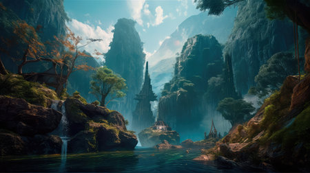Concept illustration of a fantastic scene with wild waterfalls in a dense jungle. A mysterious world where the atmosphere of adventure and wild nature reigns. Generative AIの素材