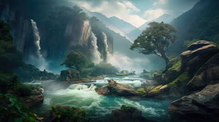 Concept illustration of a fantastic scene with wild waterfalls in a dense jungle. A mysterious world where the atmosphere of adventure and wild nature reigns. Generative AIの素材