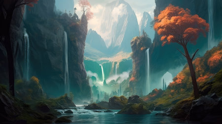 Concept illustration of a fantastic scene with wild waterfalls in a dense jungle. A mysterious world where the atmosphere of adventure and wild nature reigns. Generative AIの素材
