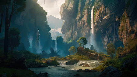 Concept illustration of a fantastic scene with wild waterfalls in a dense jungle. A mysterious world where the atmosphere of adventure and wild nature reigns. Generative AIの素材