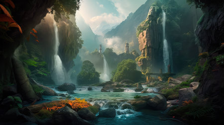 Concept illustration of a fantastic scene with wild waterfalls in a dense jungle. A mysterious world where the atmosphere of adventure and wild nature reigns. Generative AIの素材