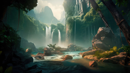 Concept illustration of a fantastic scene with wild waterfalls in a dense jungle. A mysterious world where the atmosphere of adventure and wild nature reigns. Generative AIの素材
