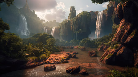 Concept illustration of a fantastic scene with wild waterfalls in a dense jungle. A mysterious world where the atmosphere of adventure and wild nature reigns. Generative AIの素材