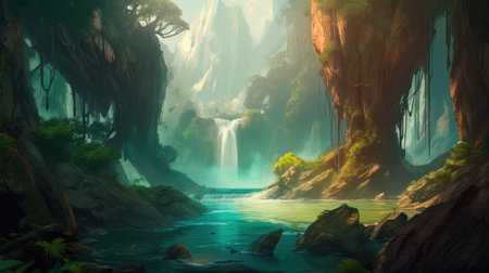 Concept illustration of a fantastic scene with wild waterfalls in a dense jungle. A mysterious world where the atmosphere of adventure and wild nature reigns. Generative AIの素材