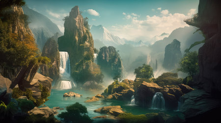 Concept illustration of a fantastic scene with wild waterfalls in a dense jungle. A mysterious world where the atmosphere of adventure and wild nature reigns. Generative AIの素材