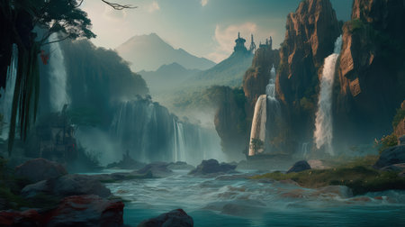 Concept illustration of a fantastic scene with wild waterfalls in a dense jungle. A mysterious world where the atmosphere of adventure and wild nature reigns. Generative AIの素材