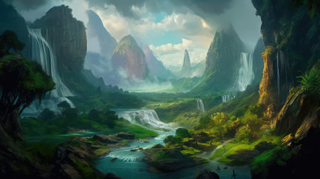 Concept illustration of a fantastic scene with wild waterfalls in a dense jungle. A mysterious world where the atmosphere of adventure and wild nature reigns. Generative AIの素材