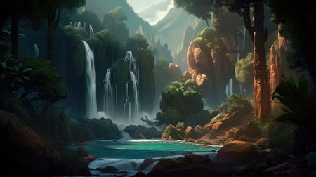 Concept illustration of a fantastic scene with wild waterfalls in a dense jungle. A mysterious world where the atmosphere of adventure and wild nature reigns. Generative AIの素材