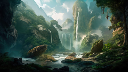 Concept illustration of a fantastic scene with wild waterfalls in a dense jungle. A mysterious world where the atmosphere of adventure and wild nature reigns. Generative AIの素材