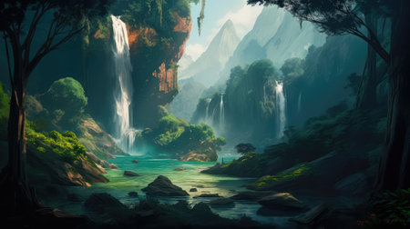 Concept illustration of a fantastic scene with wild waterfalls in a dense jungle. A mysterious world where the atmosphere of adventure and wild nature reigns. Generative AIの素材