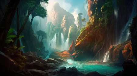 Concept illustration of a fantastic scene with wild waterfalls in a dense jungle. A mysterious world where the atmosphere of adventure and wild nature reigns. Generative AIの素材