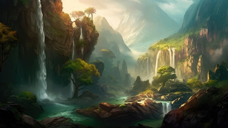 Concept illustration of a fantastic scene with wild waterfalls in a dense jungle. A mysterious world where the atmosphere of adventure and wild nature reigns. Generative AIの素材