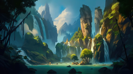 Concept illustration of a fantastic scene with wild waterfalls in a dense jungle. A mysterious world where the atmosphere of adventure and wild nature reigns. Generative AIの素材