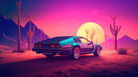 Concept illustration of illustration of a retro sports car of the 1980s at the Egyptian pyramids. Retro futuristic landscape. Generative AIの素材