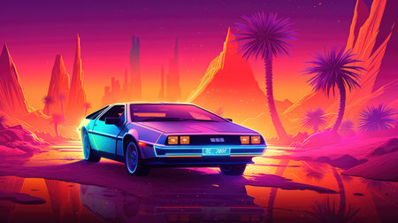 Concept illustration of illustration of a retro sports car of the 1980s at the Egyptian pyramids. Retro futuristic landscape. Generative AIの素材