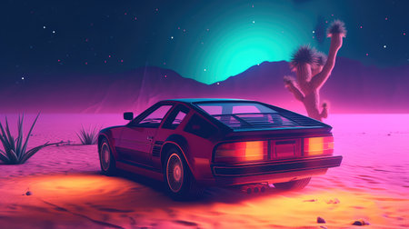 Concept illustration of illustration of a retro sports car of the 1980s at the Egyptian pyramids. Retro futuristic landscape. Generative AIの素材