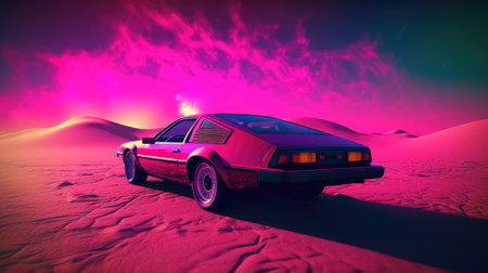 Concept illustration of illustration of a retro sports car of the 1980s at the Egyptian pyramids. Retro futuristic landscape. Generative AIの素材