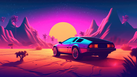 Concept illustration of illustration of a retro sports car of the 1980s at the Egyptian pyramids. Retro futuristic landscape. Generative AIの素材