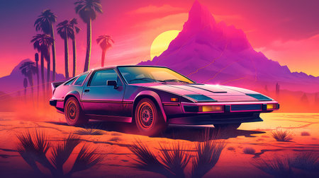 Concept illustration of illustration of a retro sports car of the 1980s at the Egyptian pyramids. Retro futuristic landscape. Generative AIの素材
