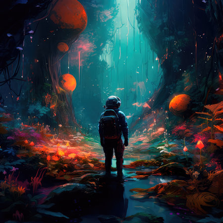 Concept illustration of an astronaut carefully goes to an unknown planet, where the primeval forest is filled with bright and colorful flora. He thoroughly explores every corner, not missing a single detail. Generative AIの素材